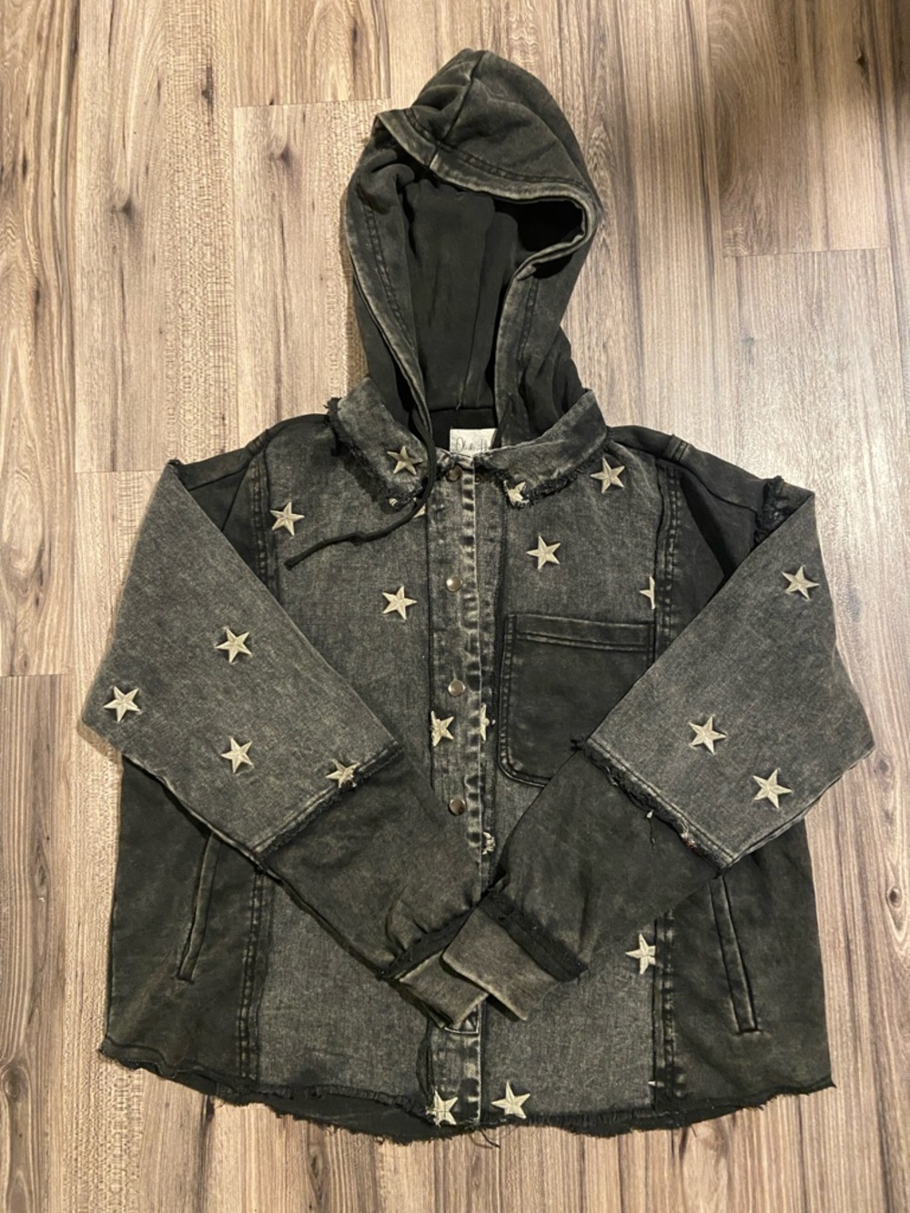 Distressed Patterned Hooded Jean Jacket